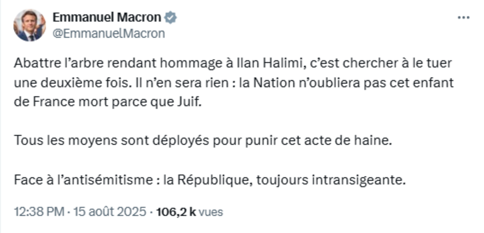 Emmanuel-Macron Un "acte indigne": un olivier rendant hommage à Ilan Halimi abattu à Épinay-sur-Seine